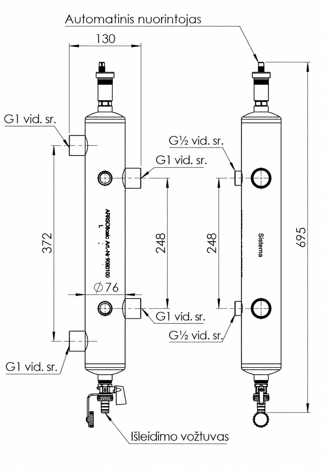 BLH 801 matmenų brėžinys: aukštis 695 mm, G1 vidinės jungtys